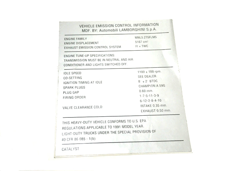 New OEM 1991 Lamborghini Diablo Engine Tune-Up Ignition Firing Order Label