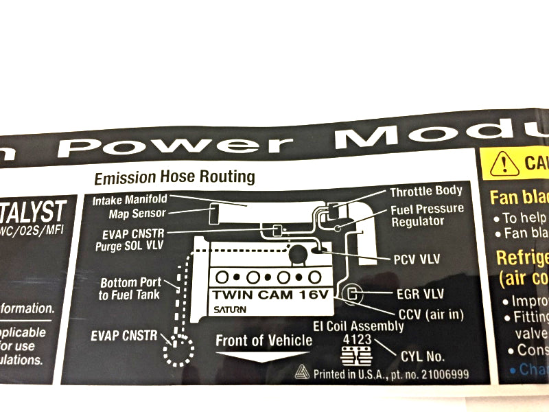 New OEM 1995 Saturn SC2 Label Emission System Control Label, Part # 21006999