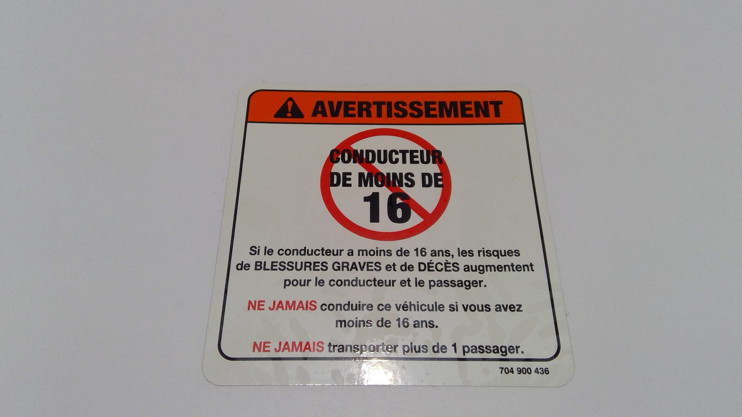 New OEM Genuine Bombardier Recreational Products, Warning Decal Under 16 Ye - Part # 704900436