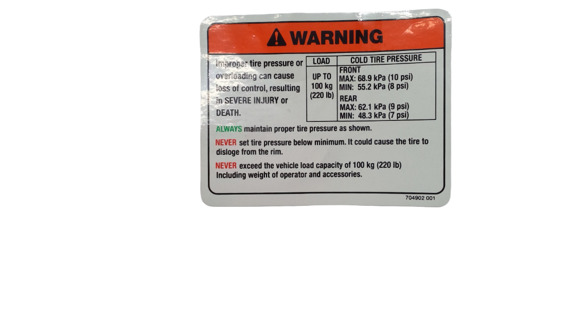 New OEM Genuine Bombardier Recreational Products, Warning Decal Tire Pressu - Part # 704902001