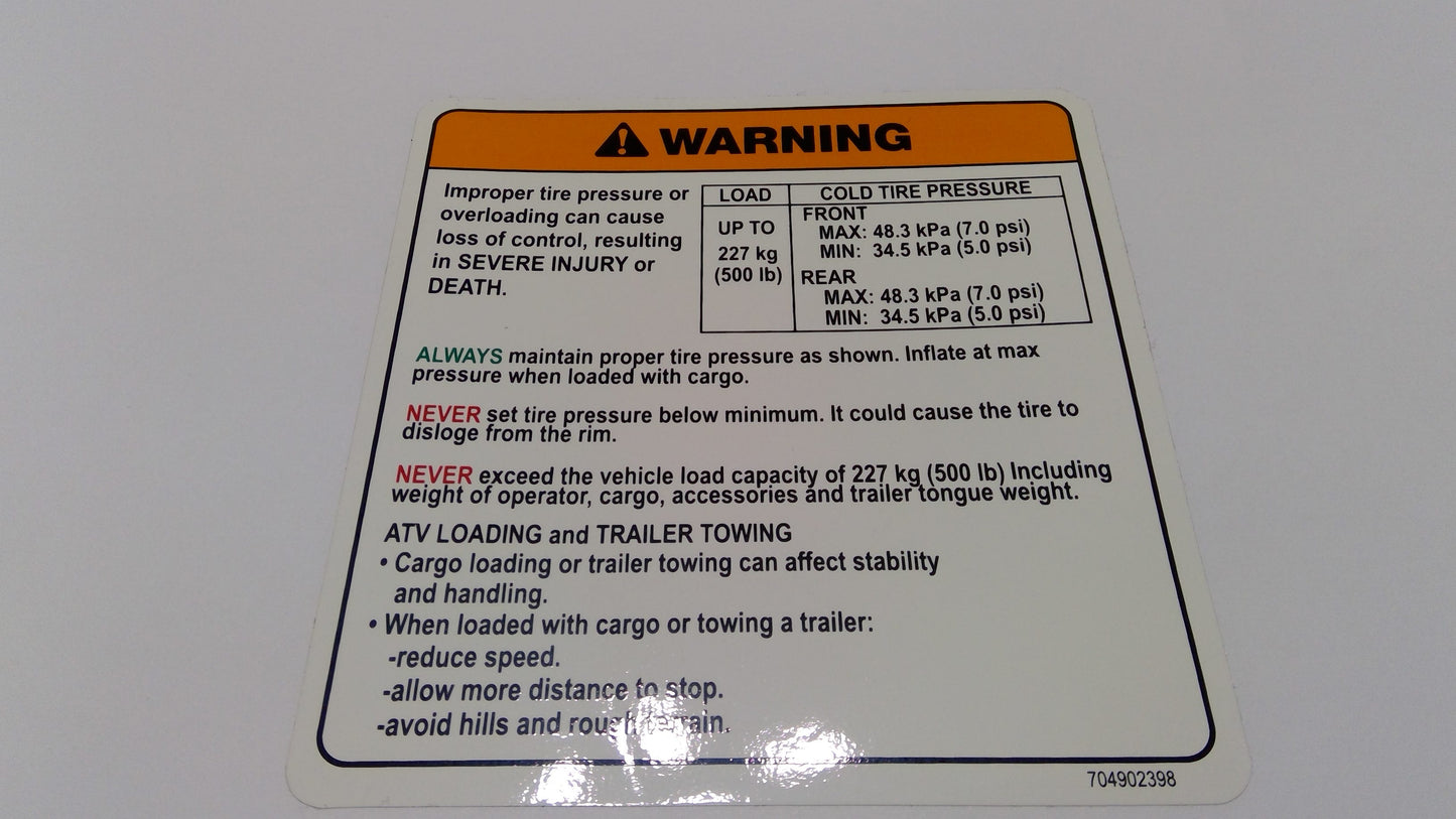 New OEM Genuine Bombardier Recreational Products, Warning Decal Tire Pressu - Part # 704902398