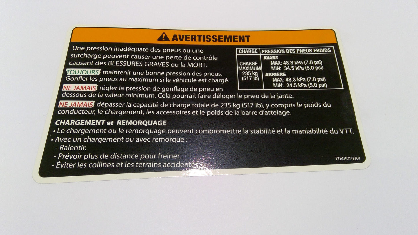 New OEM Genuine Bombardier Recreational Products, Warning Decal Tire Pressu - Part # 704902784