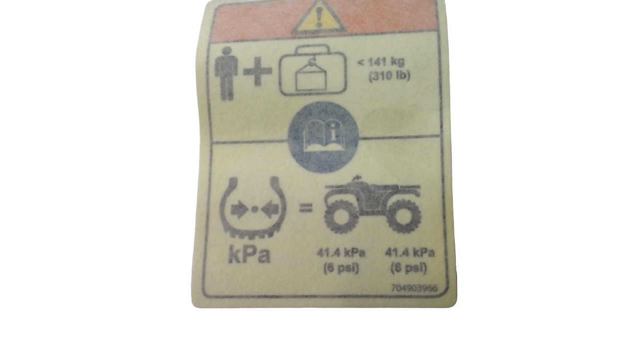 New OEM Genuine Bombardier Recreational Products, Warning Decal Tire Pressu - Part # 704903966