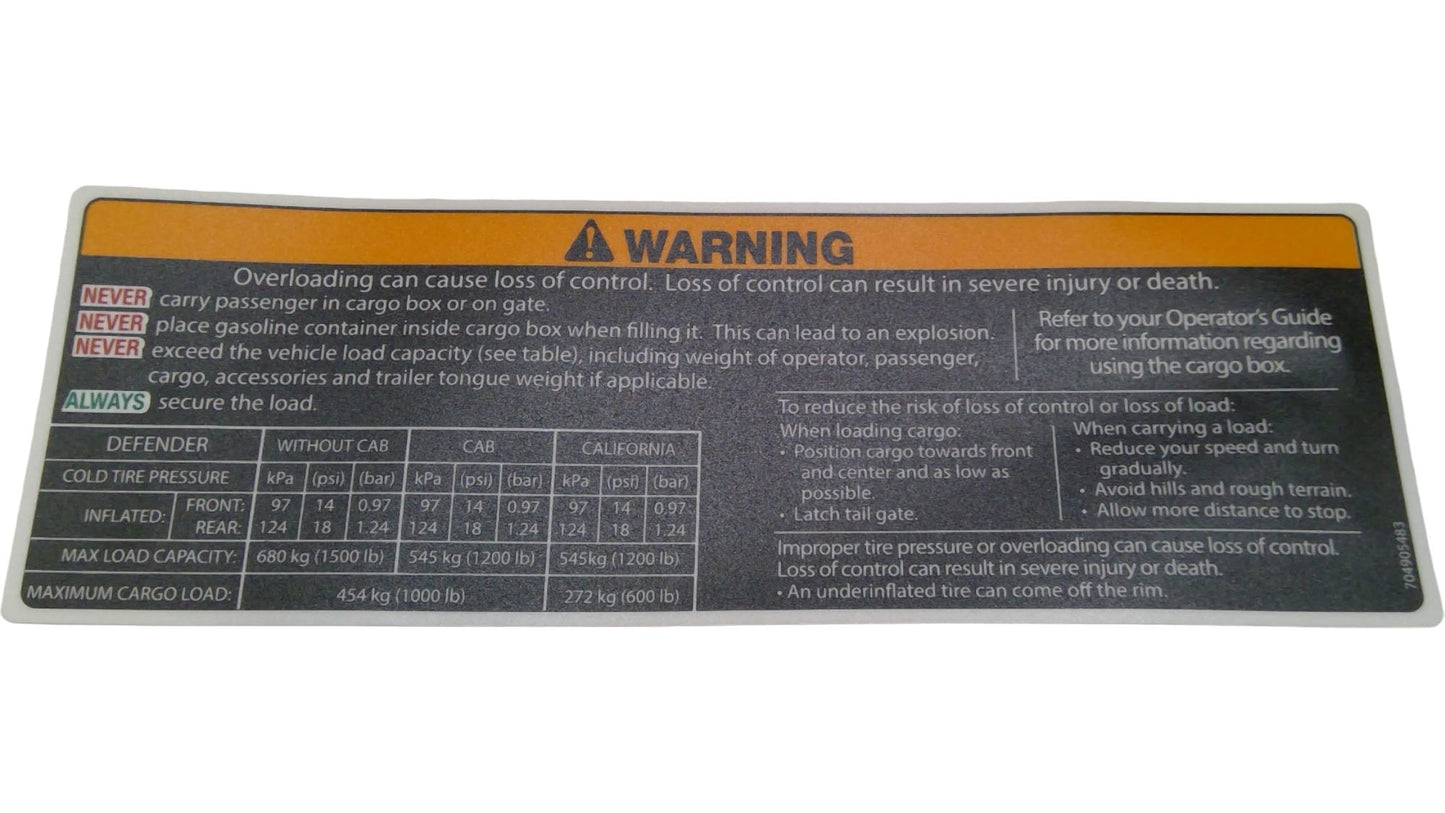 New OEM Genuine Bombardier Recreational Products, Warning Label Cargo Load - Part # 704905483