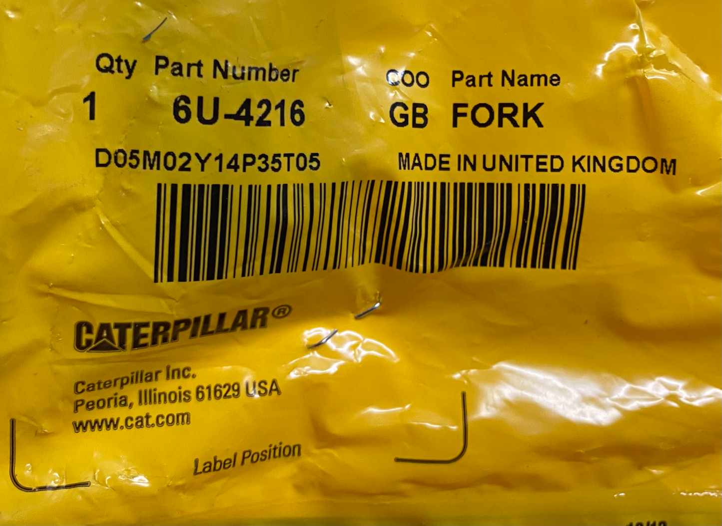 New OEM Genuine Caterpillar, Fork - Part # 6U4216