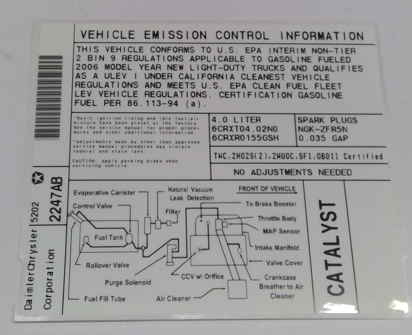 New 2006 Fits Chrysler Wrangler Label-Emission - Part # 52022247AB