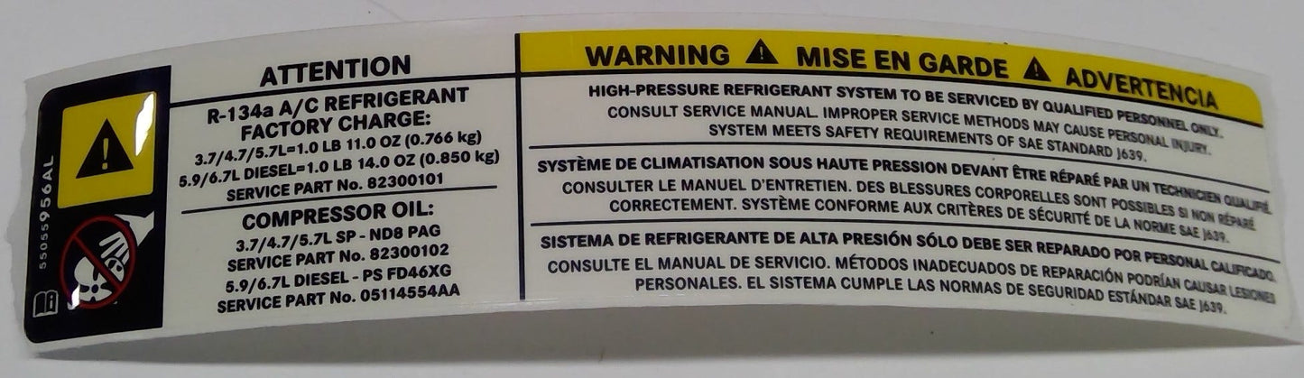 New 2008 Fits Chrysler 1500 Label-Air Conditioning System - Part # 55055956AL