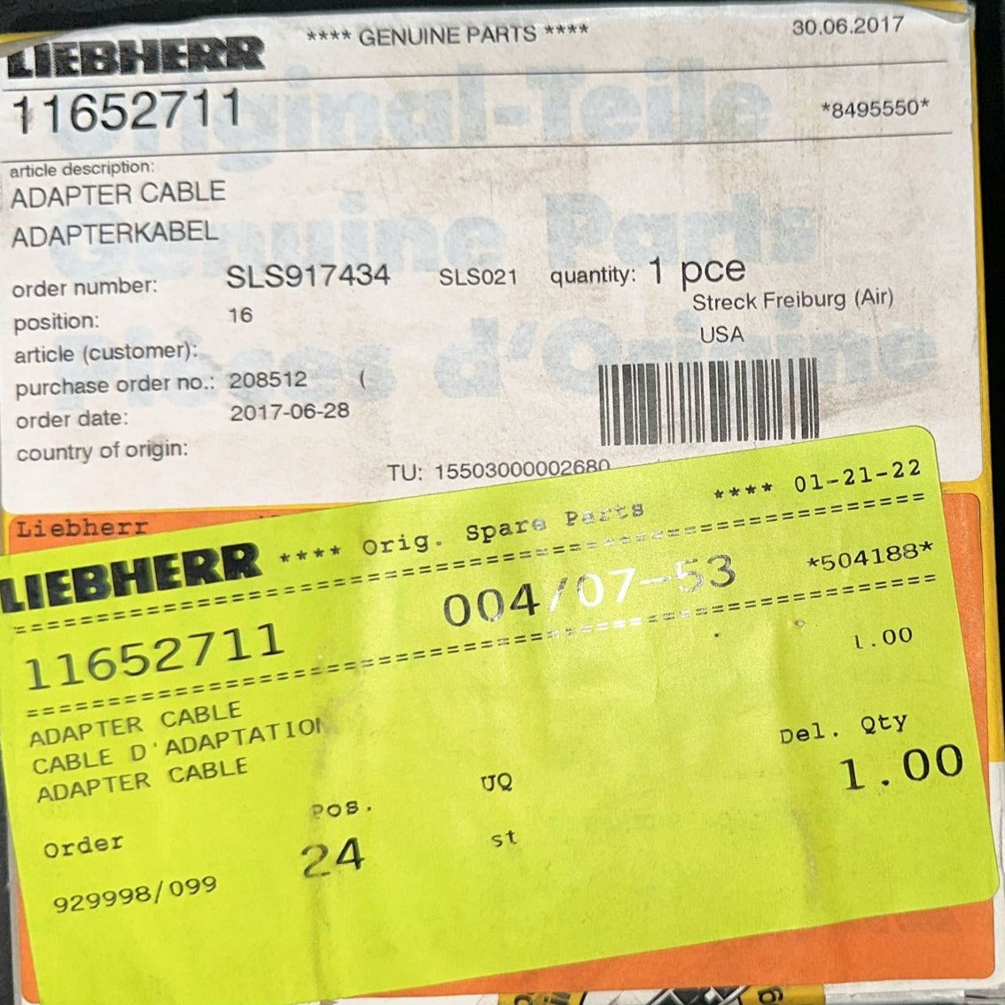 Liebherr: Genuine OEM Factory Original, Adapter Cable - Part # 11652711