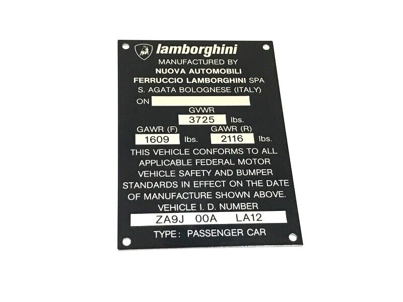 New OEM 1981-1988 Lamborghini Jalpa Vehicle Weight Chassis Plate ZA9J