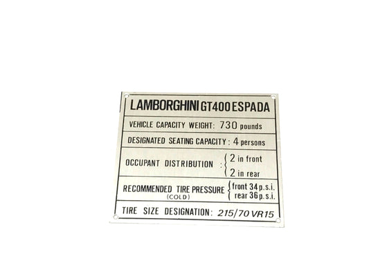 New OEM 1968-1978 Lamborghini 400GT Espada English Vehicle Axle Load Weight Plate