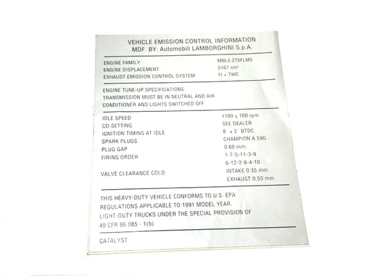 New OEM 1991 Lamborghini Diablo Engine Tune-Up Ignition Firing Order Label