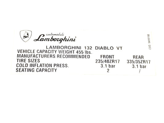 New OEM 1991-1996 Lamborghini Diablo 17" Wheel & Tyre Warning Spec Information Label Sticker