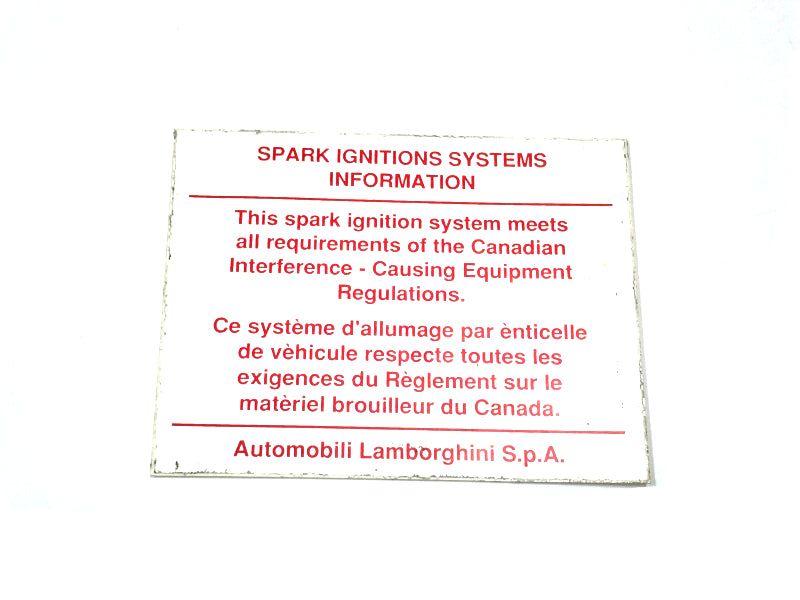 New 1991-1999 Lamborghini Diablo Canadian Spec Spark Ignition Systems Information Label Sticker