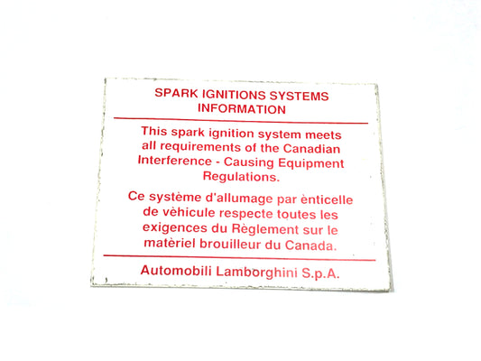 New 1991-1999 Lamborghini Diablo Canadian Spec Spark Ignition Systems Information Label Sticker