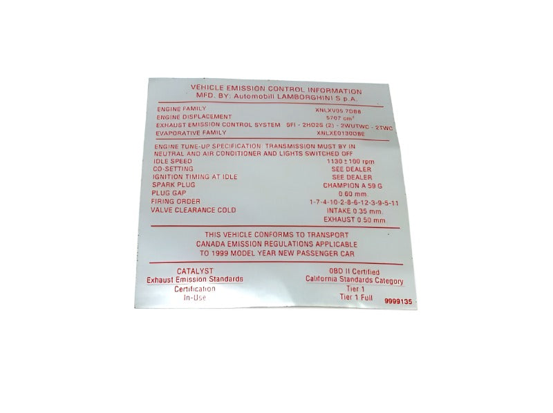 New OEM 1999 Lamborghini Diablo (Canada) Engine Tune-Up Ignition Firing Order Label