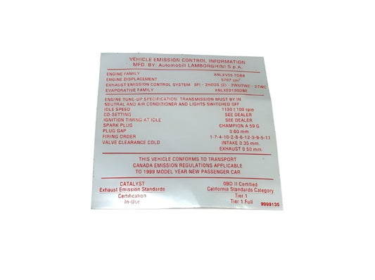 New OEM 1999 Lamborghini Diablo (Canada) Engine Tune-Up Ignition Firing Order Label