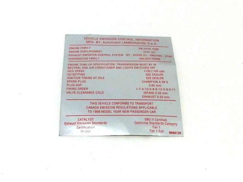 New OEM 1999 Lamborghini Diablo (Canada) Engine Tune-Up Ignition Firing Order Label