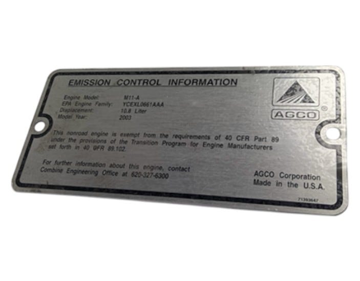 New OEM Genuine AGCO Plate, Part # 71393647