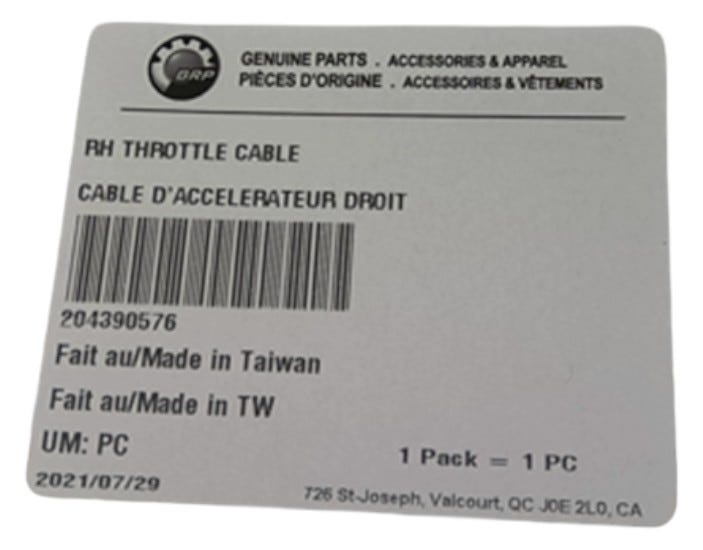 New OEM Genuine Bombardier Recreational Products, Rh Throttle Cable - Part # 204390576