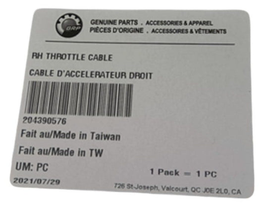 New OEM Genuine Bombardier Recreational Products, Rh Throttle Cable - Part # 204390576