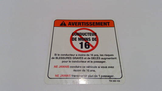 New OEM Genuine Bombardier Recreational Products, Warning Decal Under 16 Ye - Part # 704900436