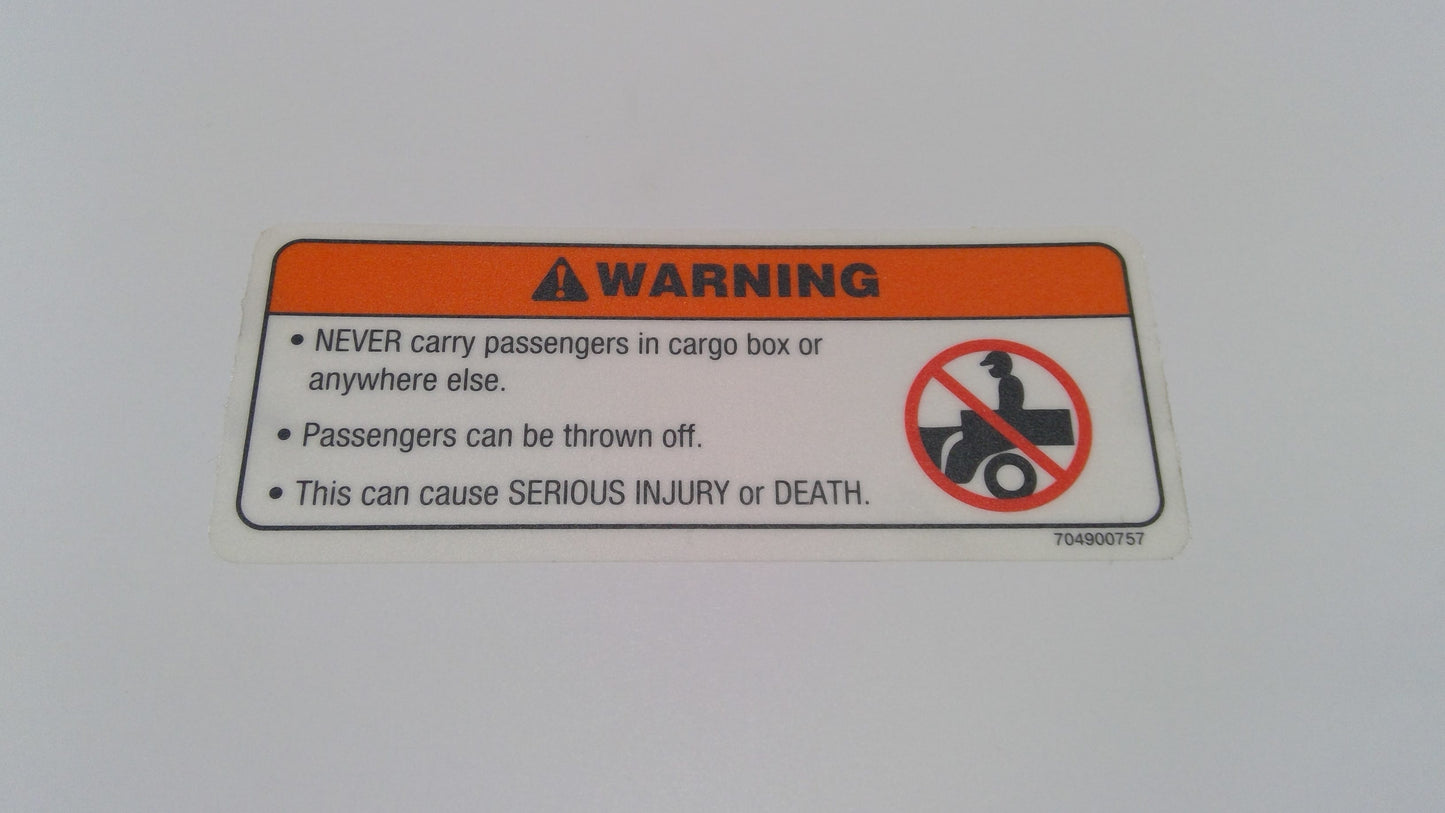 New OEM Genuine Bombardier Recreational Products, Warning Label Passenger - Part # 704900757