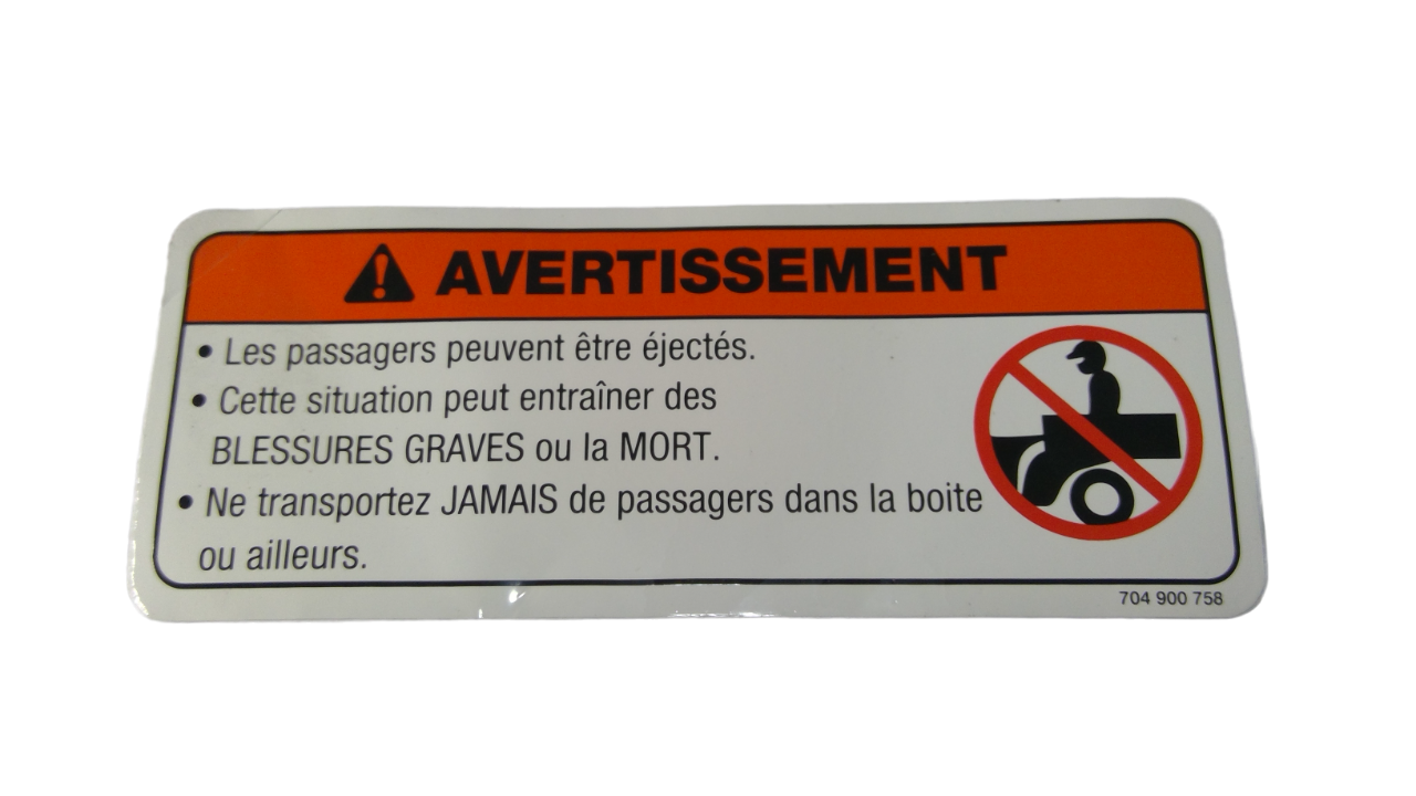 New OEM Genuine Bombardier Recreational Products, Warning Label Passenger - Part # 704900758