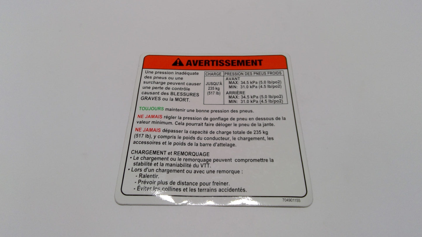 New OEM Genuine Bombardier Recreational Products, Warning Label Tire Pressu - Part # 704901155