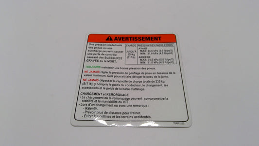 New OEM Genuine Bombardier Recreational Products, Warning Label Tire Pressu - Part # 704901155