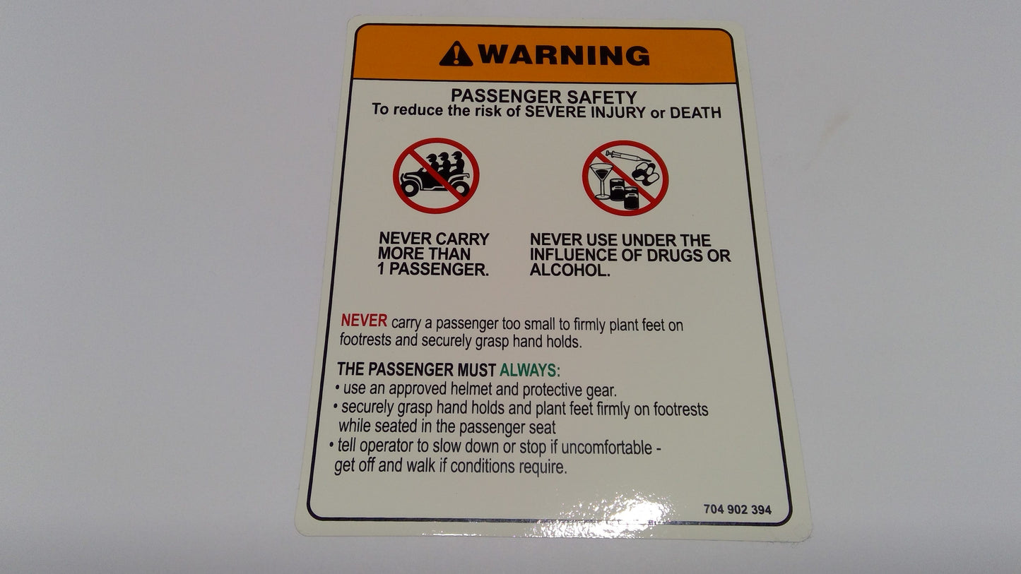 New OEM Genuine Bombardier Recreational Products, Warning Decal Passenger - Part # 704902394