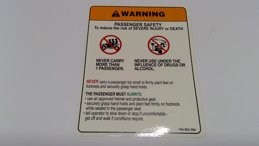New OEM Genuine Bombardier Recreational Products, Warning Decal Passenger - Part # 704902394
