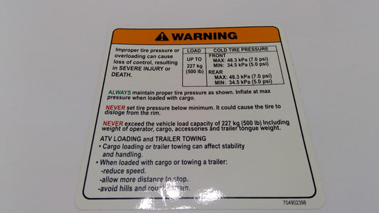 New OEM Genuine Bombardier Recreational Products, Warning Decal Tire Pressu - Part # 704902398