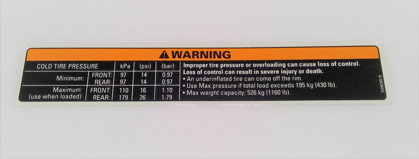 New OEM Genuine Bombardier Recreational Products, Warning Decal Tire Pressu - Part # 704903891
