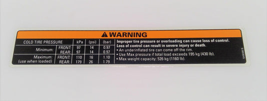 New OEM Genuine Bombardier Recreational Products, Warning Decal Tire Pressu - Part # 704903891