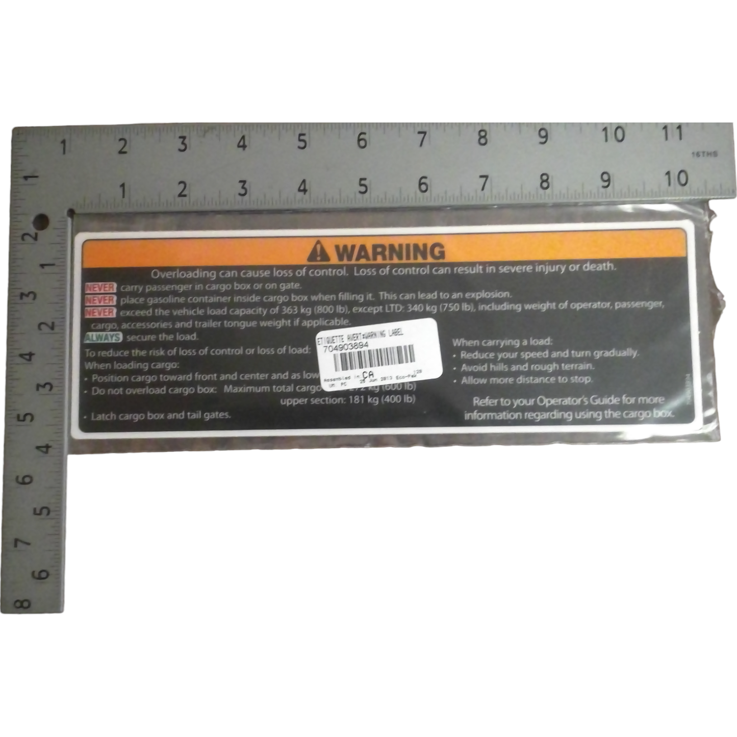 New OEM Genuine Bombardier Recreational Products, Warning Decal Cargo Box - Part # 704903894
