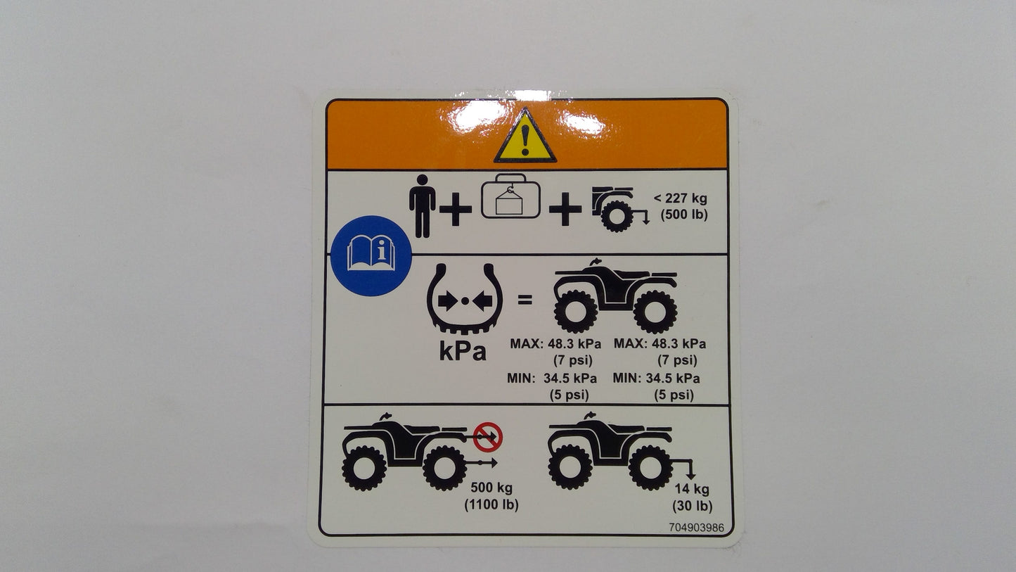New OEM Genuine Bombardier Recreational Products, Warning Decal Tire Pressu - Part # 704903986