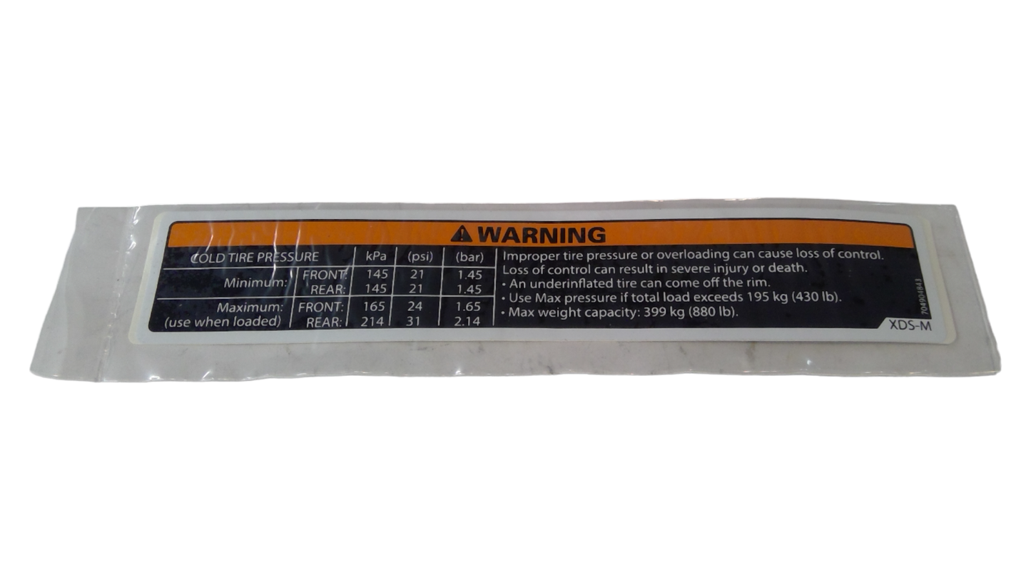 New OEM Genuine Bombardier Recreational Products, Warning Decal Tire Pressu - Part # 704904843