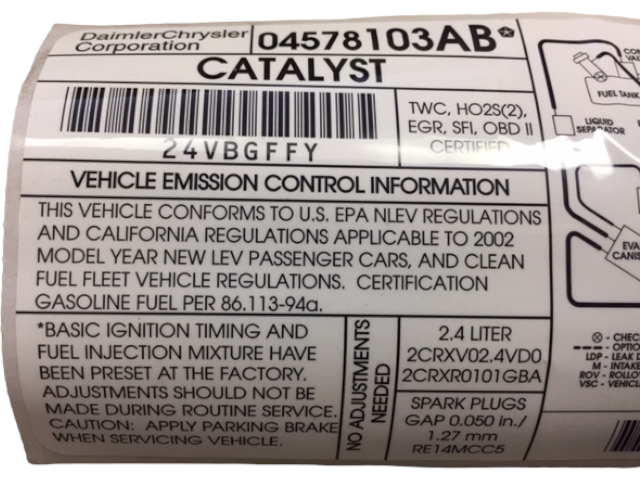 New 2002 Fits Chrysler Sebring, Stratus Label-Emission - Part # 4578103AB