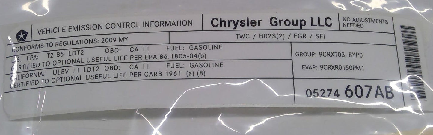 New 2009 Fits Chrysler Grand Caravan, Town & Country Label-Emission - Part # 5274607AB