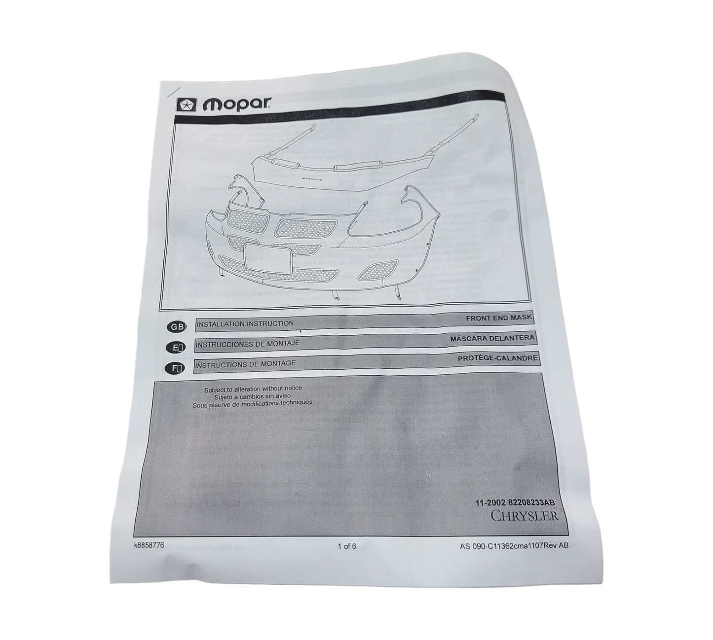 New Fits Chrysler Cover Kit Front End - Part # 82208233AB
