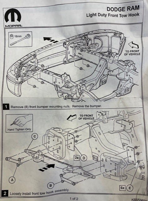 New Fits Chrysler Tow Front Hook Kit - Part # 82209854