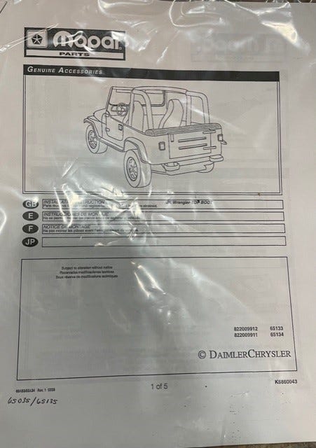 New Fits Chrysler Soft Top Boot Kit - Part # 82209911