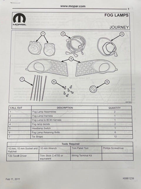 New 2012-2015 Fits Chrysler Journey Light-Fog-Complete - Part # 82212789AC