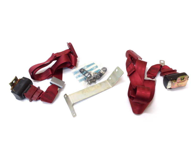 New OEM 1987-1988 Camaro, Firebird Rear Seat Belt Kit Carmine Red, Part # 999670