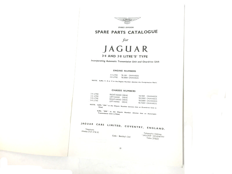 New 1963-1968 Jaguar Spare Parts Catalogue For Jaguar 3.4 ‘S’ And 3.8 ‘S’