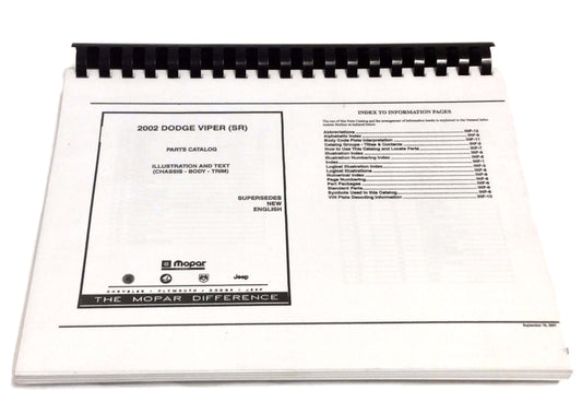 New 2002 For Dodge Viper Parts & Illustrations Manual, Spiral Bound