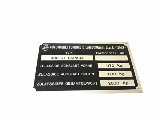 New OEM 1968-1978 Lamborghini 400GT Espada Vehicle Axle Load Weight Plate