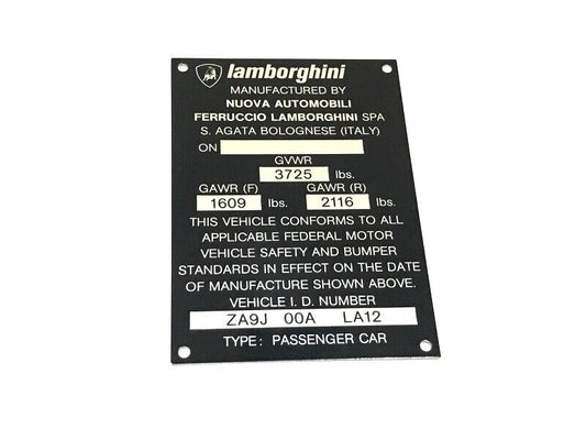 New OEM 1981-1988 Lamborghini Jalpa Vehicle Weight Chassis Plate ZA9J