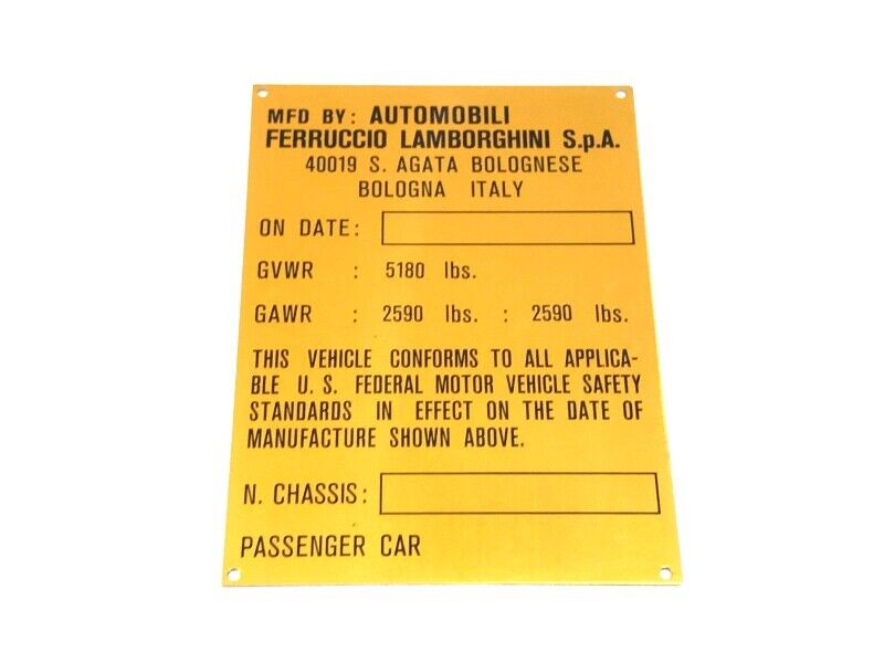 New 1968-1978 Lamborghini Espada USA Spec Chassis Manufacturer Homologation Plate