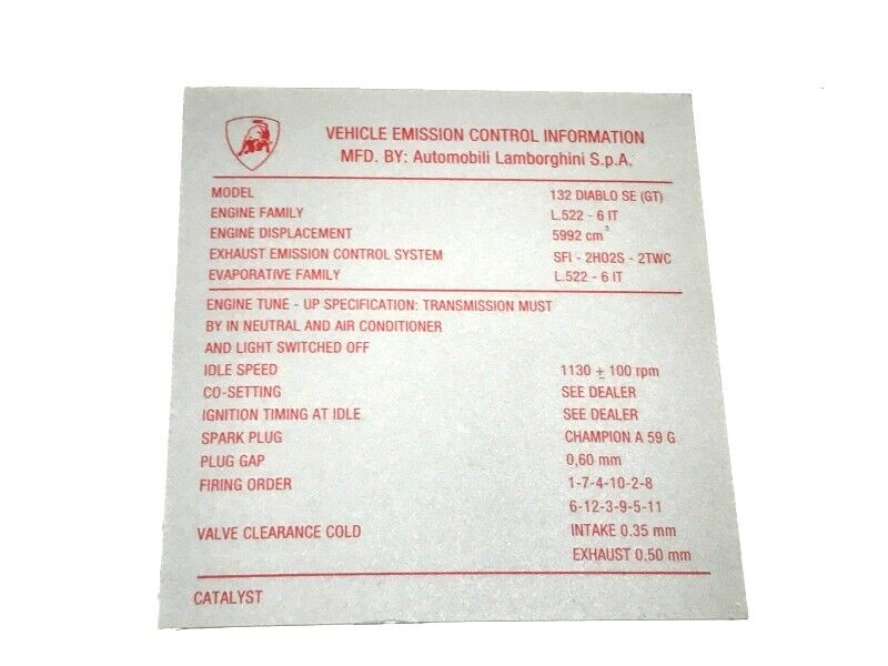 New OEM 2001 Lamborghini Diablo 6.0 Emission Service Tune-up Label Decal